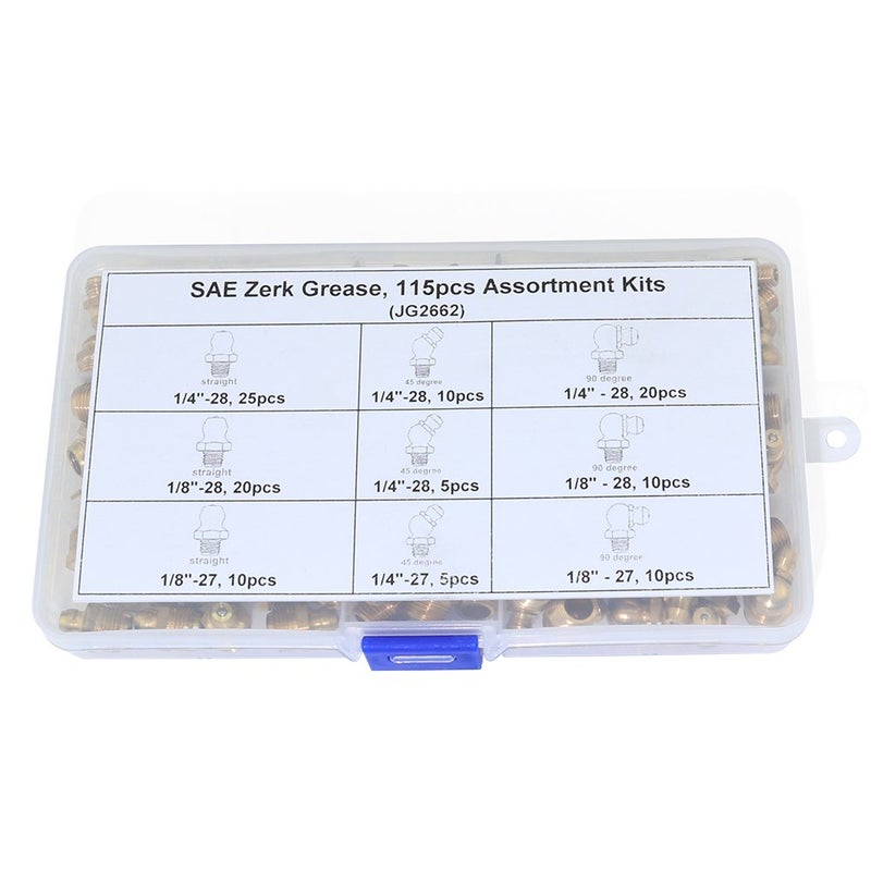 Boeray 115pcs 1/4â€œ 1/8â€ Hydraulic Grease Brass Zerk Fitting SAE Standard Assortment Kit-Straight, 90-Degree, 45-Degree Angled Zerk Assortment Set - Image 4